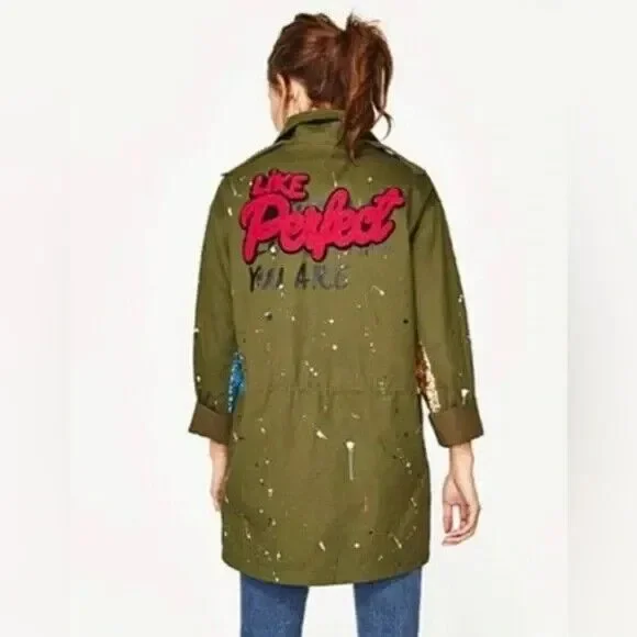 Zara Trafaluc Anorak Utility Jacket Army Green Sequin Embroidered Full Z… - Picture 2 of 13